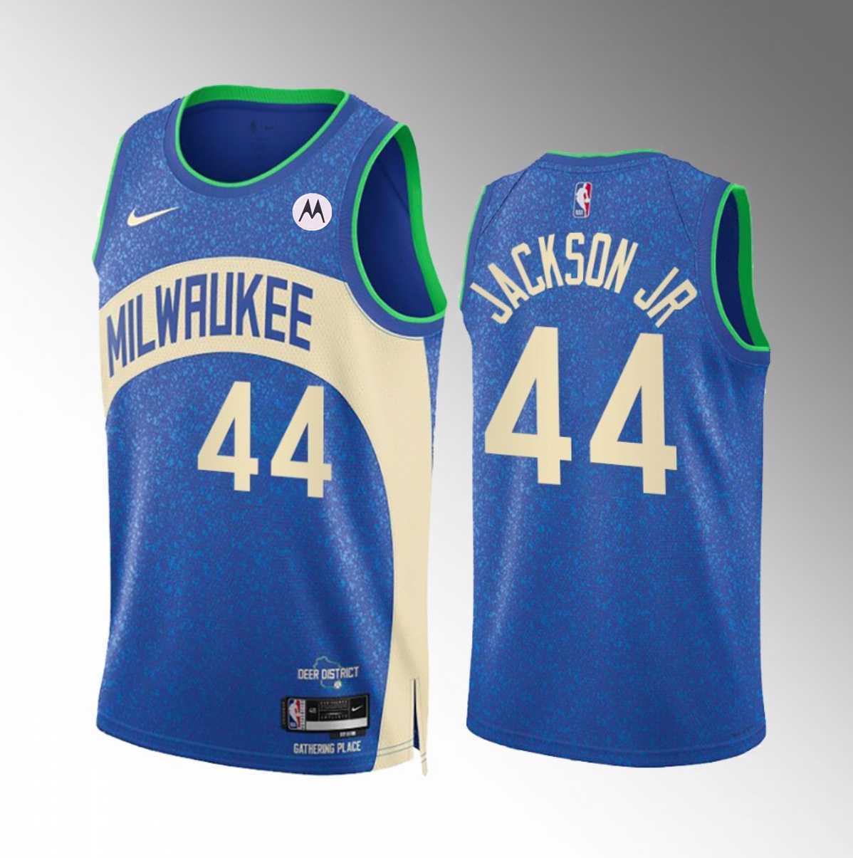 Mens Milwaukee Bucks #44 Andre Jackson Jr. Blue 2023-24 City Edition Stitched Basketball Jersey Dzhi